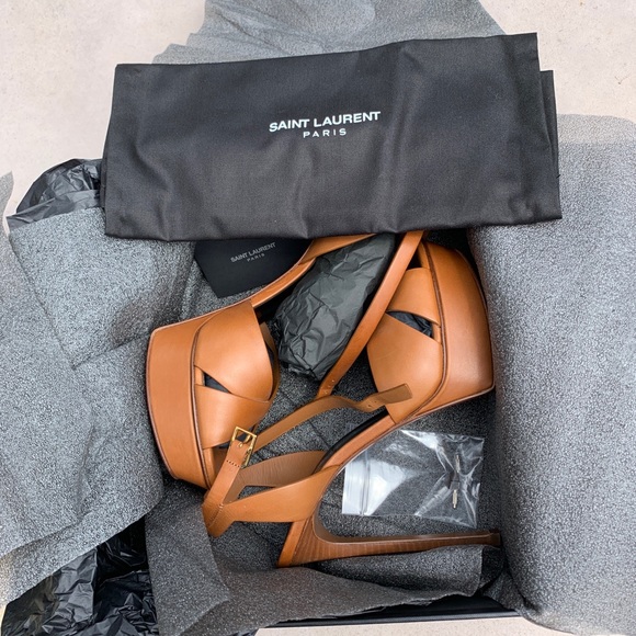 Brand New Saint Laurent Leather Debbie Platform Heels - Caramel Brown 9.5/39 1/2 - Picture 3 of 5